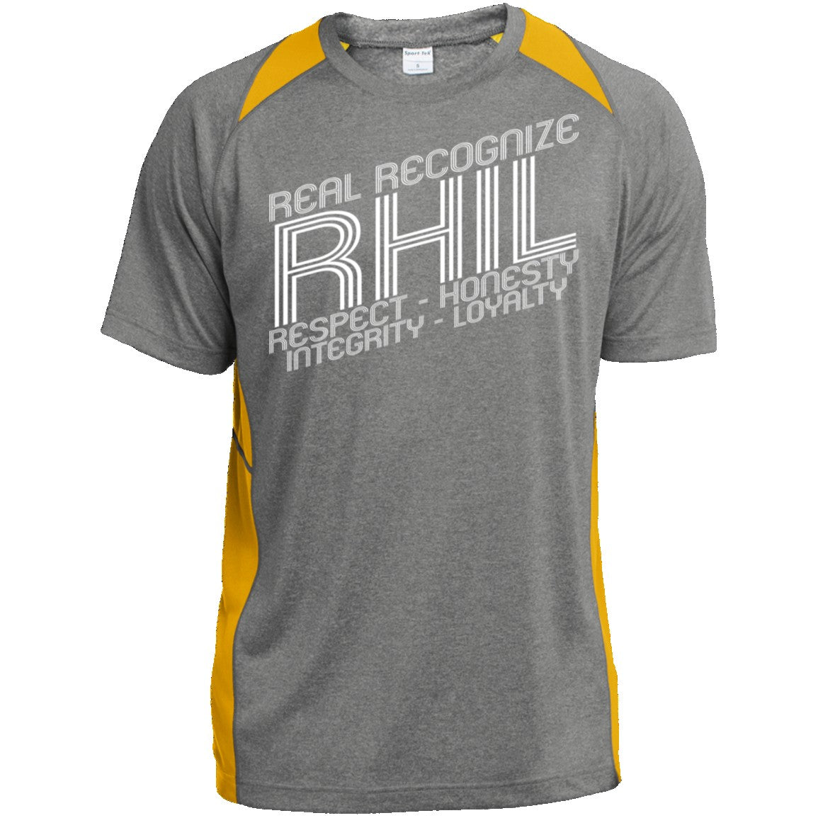 Real Recognize RHIL (Respect, Honesty, Integrity, Loyalty) Heather Colorblock Poly T-Shirt CustomCat